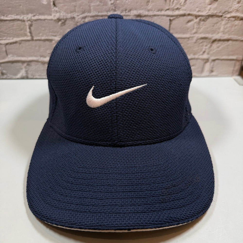 Nike Flexfit 110 Navy Blue White Swoosh Stretch Golf Hat Cap M/L Performance